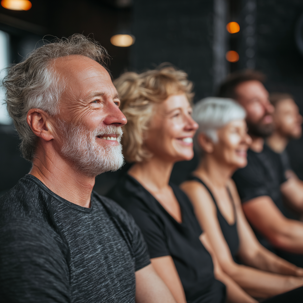 Happy middle-aged Ukrainian adults exercising together in a modern fitness studio, showing joy and motivation