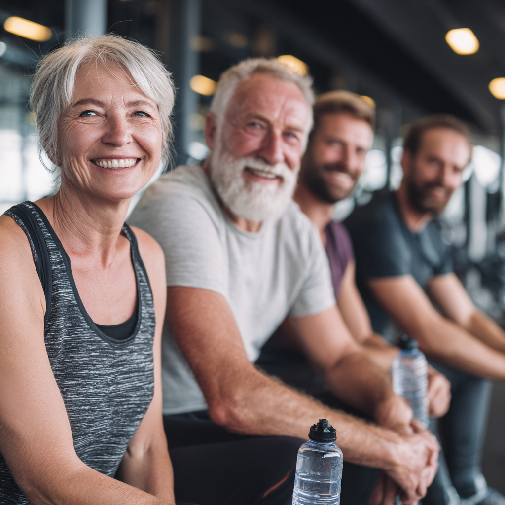 Joyful group of Ukrainian adults celebrating their fitness achievements in a welcoming gym environment, showing camaraderie and success